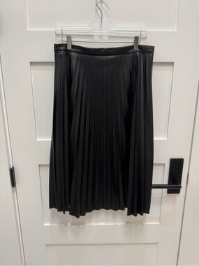 7 For All Mankind Black Pleated Faux Leather Midi Skirt